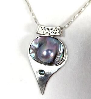 SS Mabe pearl+ blue zircon abstract pendant +19" chainPendant 11/4" x 2"Signed